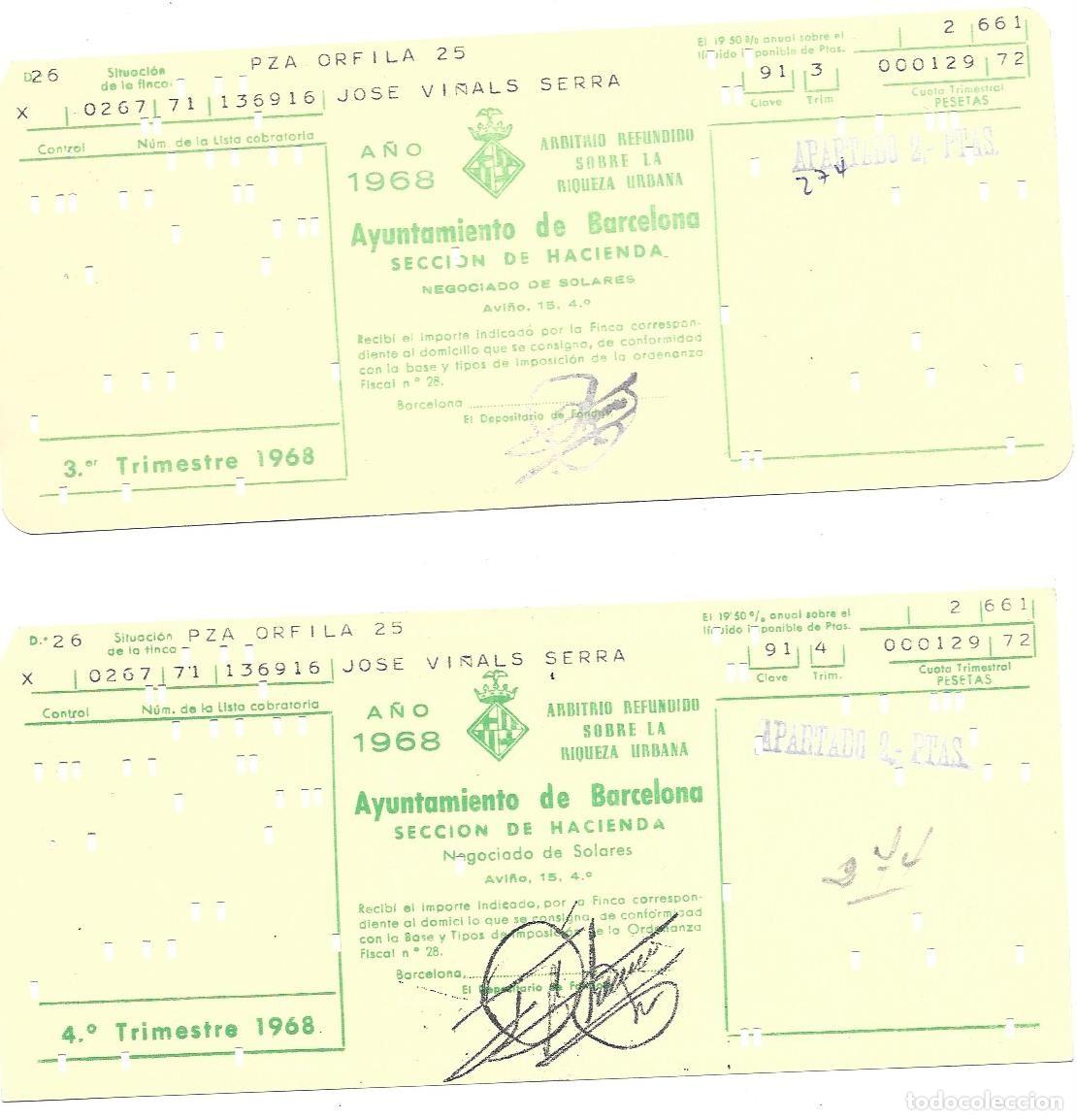 Documentos antiguos: Ayuntamiento Barcelona Arbitrio Riqueza Urbana 1968 3&ordm; y 4&ordm; Trim.. Tarjeta Perforada