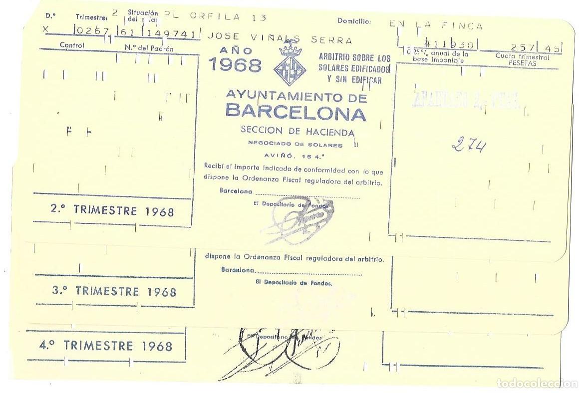 Documentos antiguos: Ayuntamiento Barcelona Arbitrio sobre Solares 1968 2&ordm; 3&ordm; y 4&ordm; Trim.. Tarjeta Perforada
