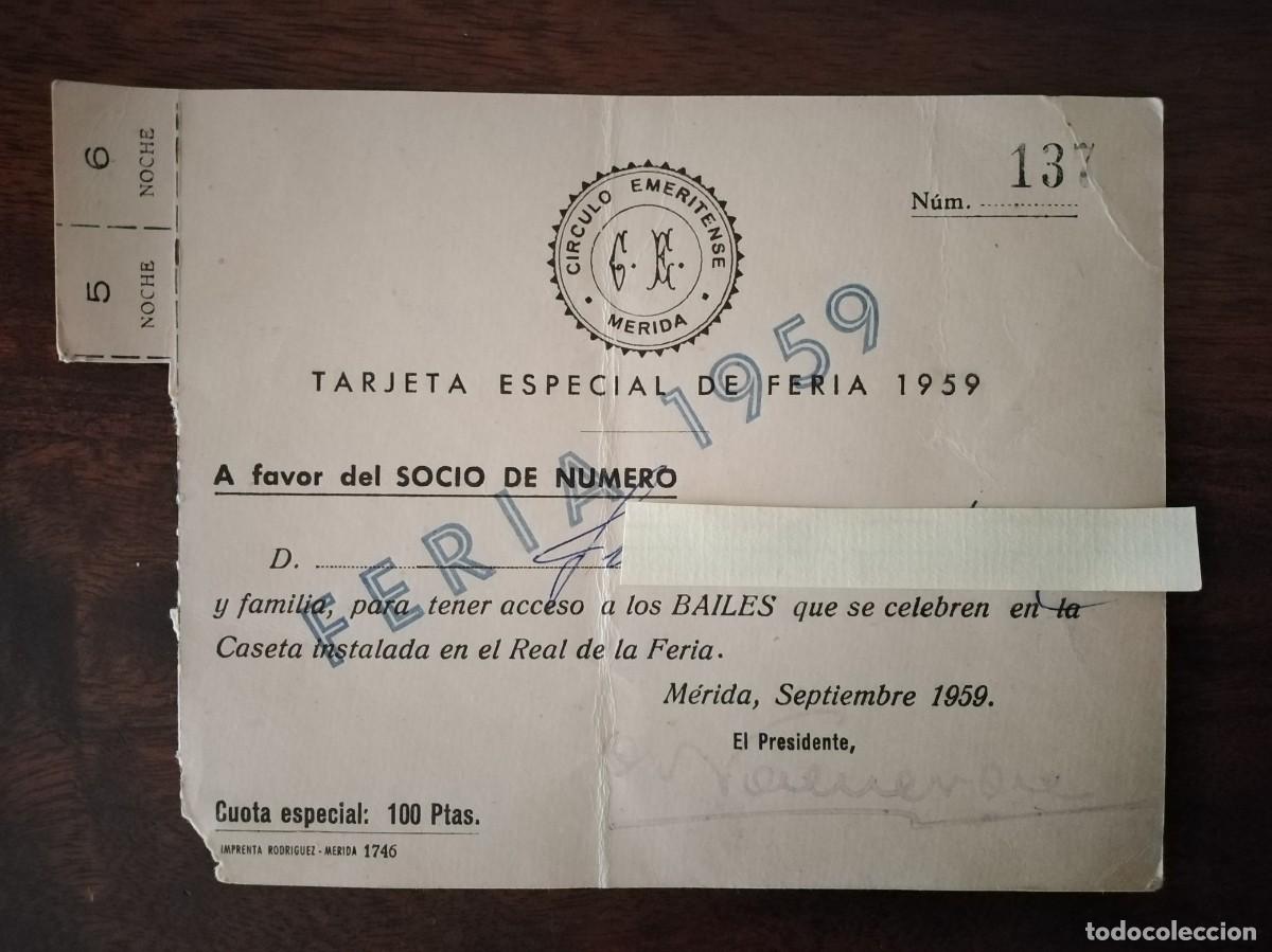 Documentos antiguos: Tarjeta socio C&iacute;rculo Emeritense Feria de M&eacute;rida. A&ntilde;o 1959 - Foto 1