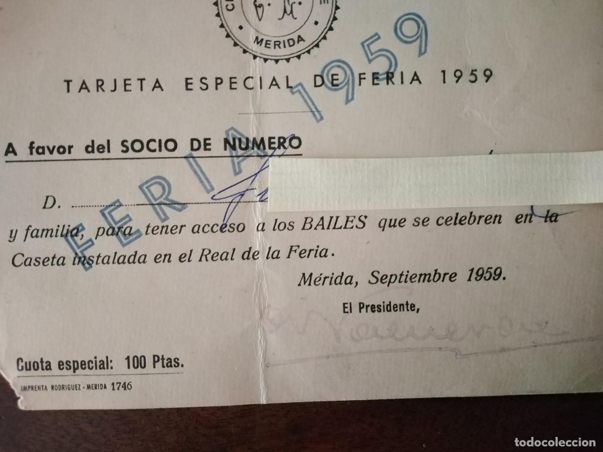 Documentos antiguos: Tarjeta socio C&iacute;rculo Emeritense Feria de M&eacute;rida. A&ntilde;o 1959 - Foto 2