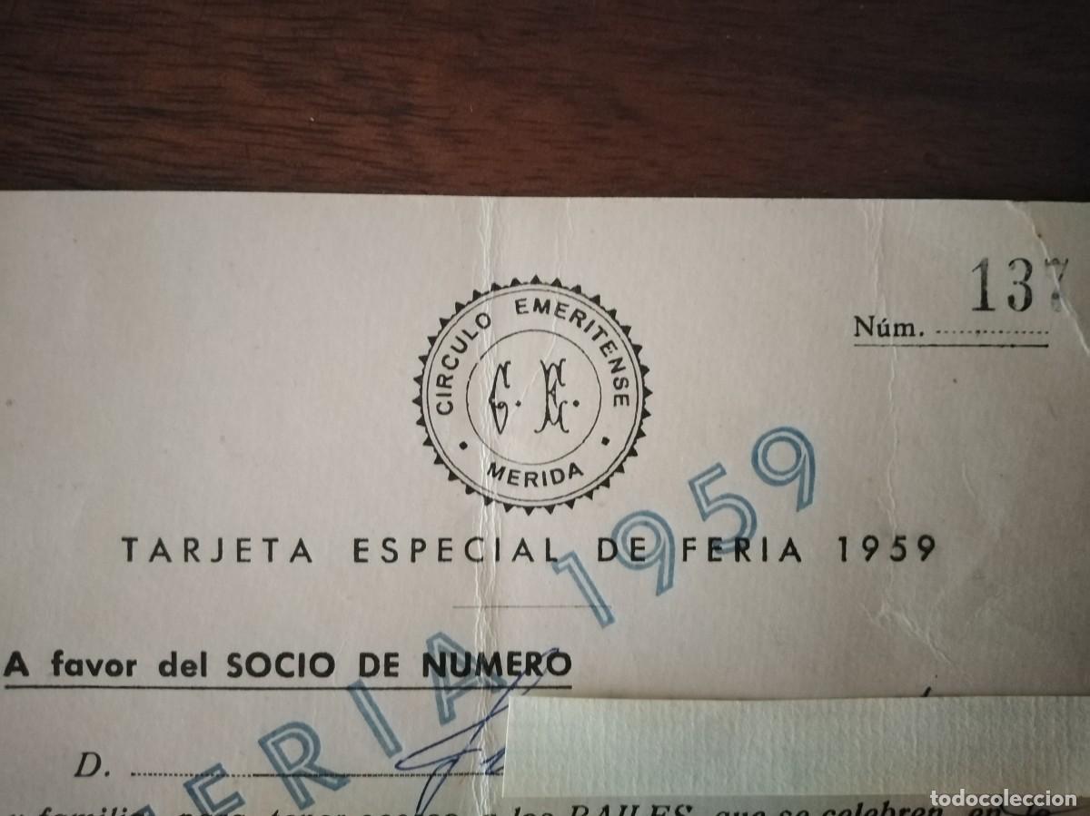 Documentos antiguos: Tarjeta socio C&iacute;rculo Emeritense Feria de M&eacute;rida. A&ntilde;o 1959 - Foto 3