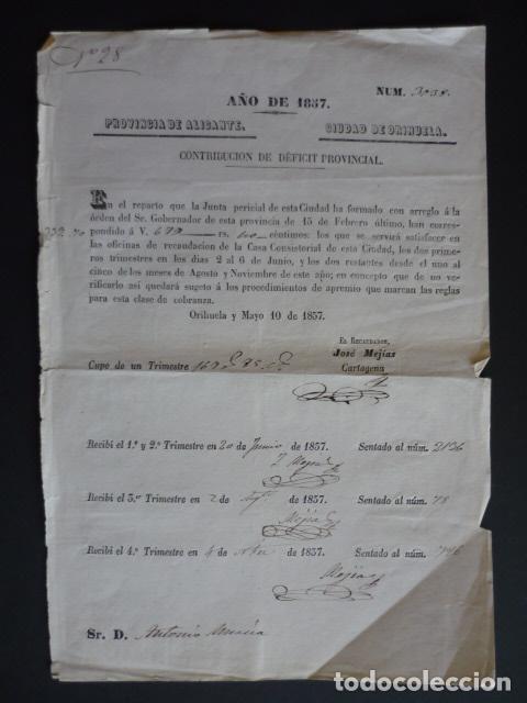 Documentos antiguos: ORIHUELA ALICANTE RECIBO CONTRIBUCION PROVINCIAL 1857