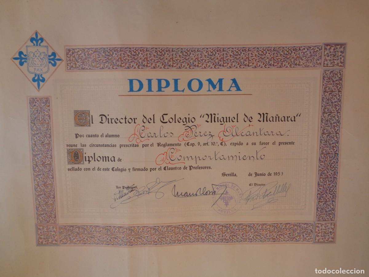 Documentos antiguos: COLEGIO &uml; MIGUEL DE MA&Ntilde;ARA &uml;: DIPLOMA DE COMPORTAMIENTO . SEVILLA, 1959