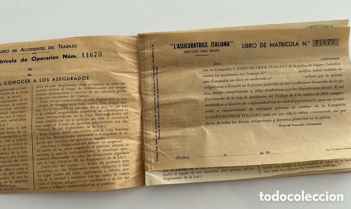 Documentos antiguos: LIBRO DE MATR&Iacute;CULA DE OPERARIOS. L&rsquo;ASSICURATRICE ITALIANA. SOCIEDAD AN&Oacute;NIMA DE SEGUROS Y REASEGUROS - Foto 2