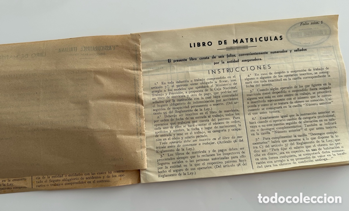 Documentos antiguos: LIBRO DE MATR&Iacute;CULA DE OPERARIOS. L&rsquo;ASSICURATRICE ITALIANA. SOCIEDAD AN&Oacute;NIMA DE SEGUROS Y REASEGUROS - Foto 3