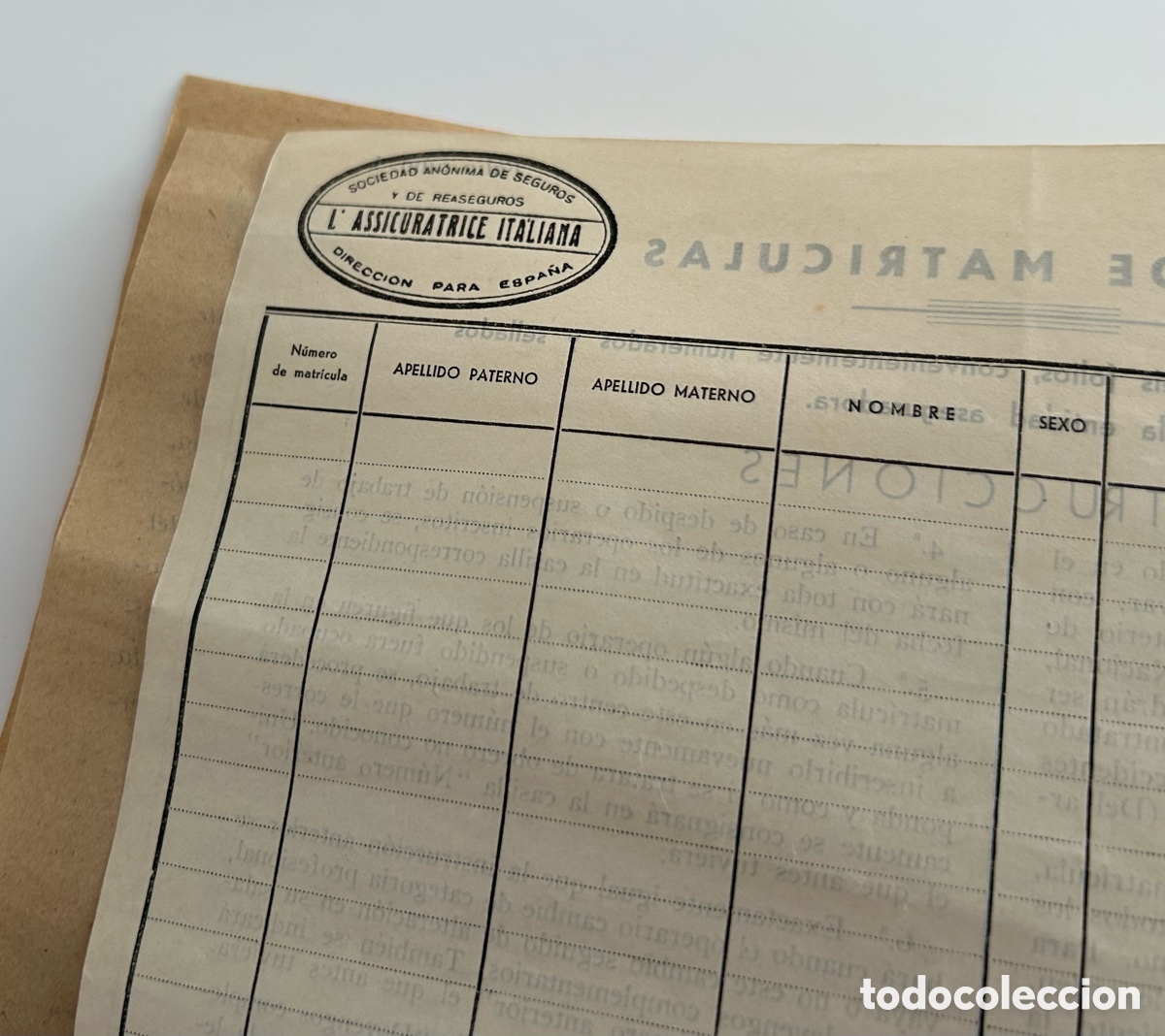Documentos antiguos: LIBRO DE MATR&Iacute;CULA DE OPERARIOS. L&rsquo;ASSICURATRICE ITALIANA. SOCIEDAD AN&Oacute;NIMA DE SEGUROS Y REASEGUROS - Foto 6
