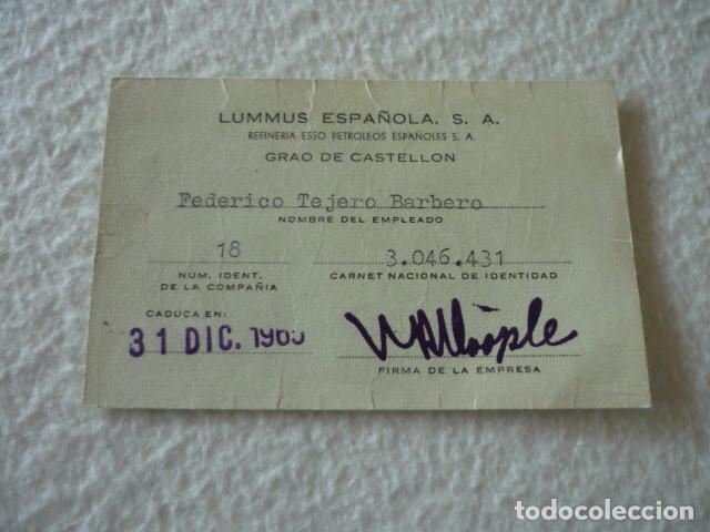Documentos antiguos: LUMMUS ESPA&Ntilde;OLA SA GRAO CASTELLON TARJETA DE EMPLEADO 1965