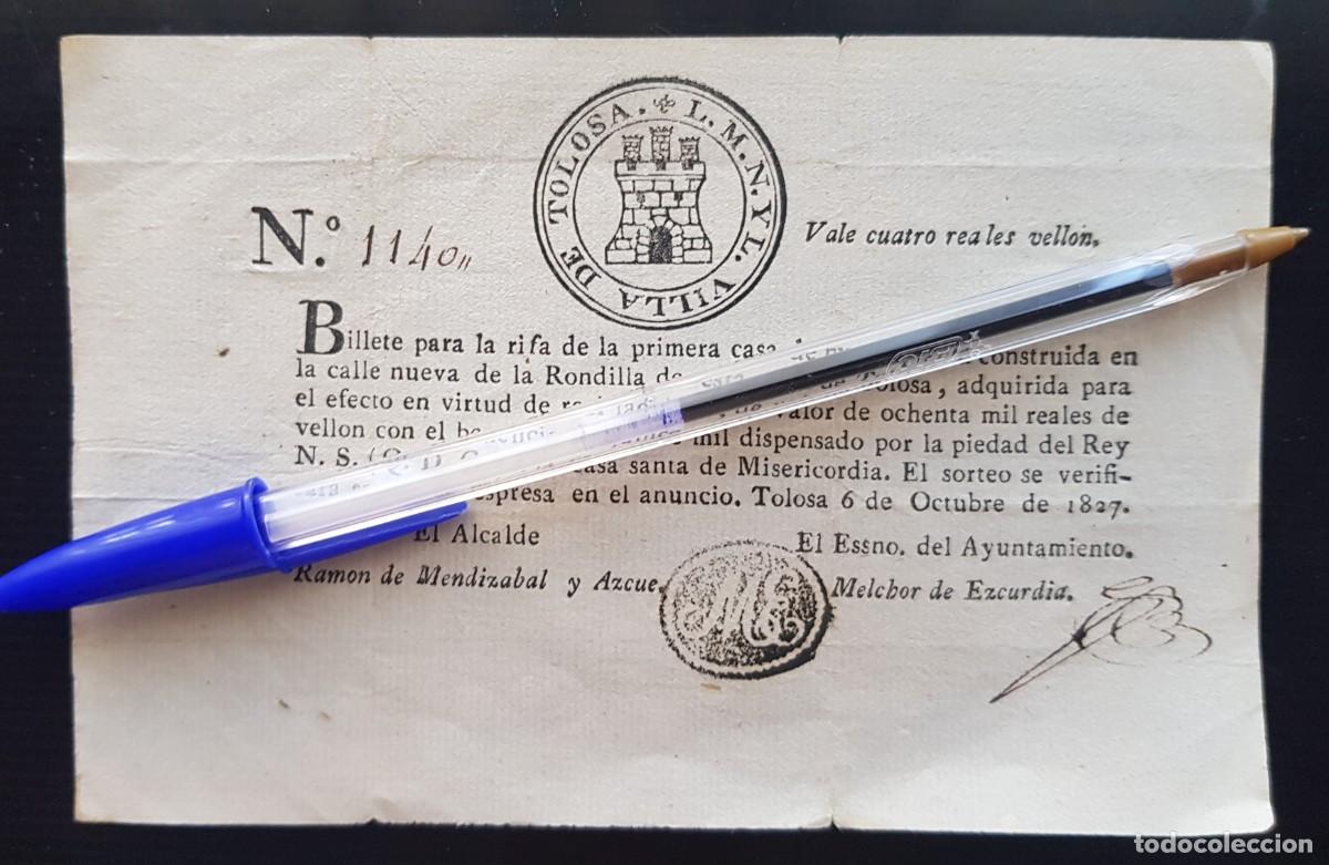 Documentos antiguos: billete rifa loteria tolosa 1827 guipuzcoa 4 reales vellon euskadi pais vasco guipuzcoano oria