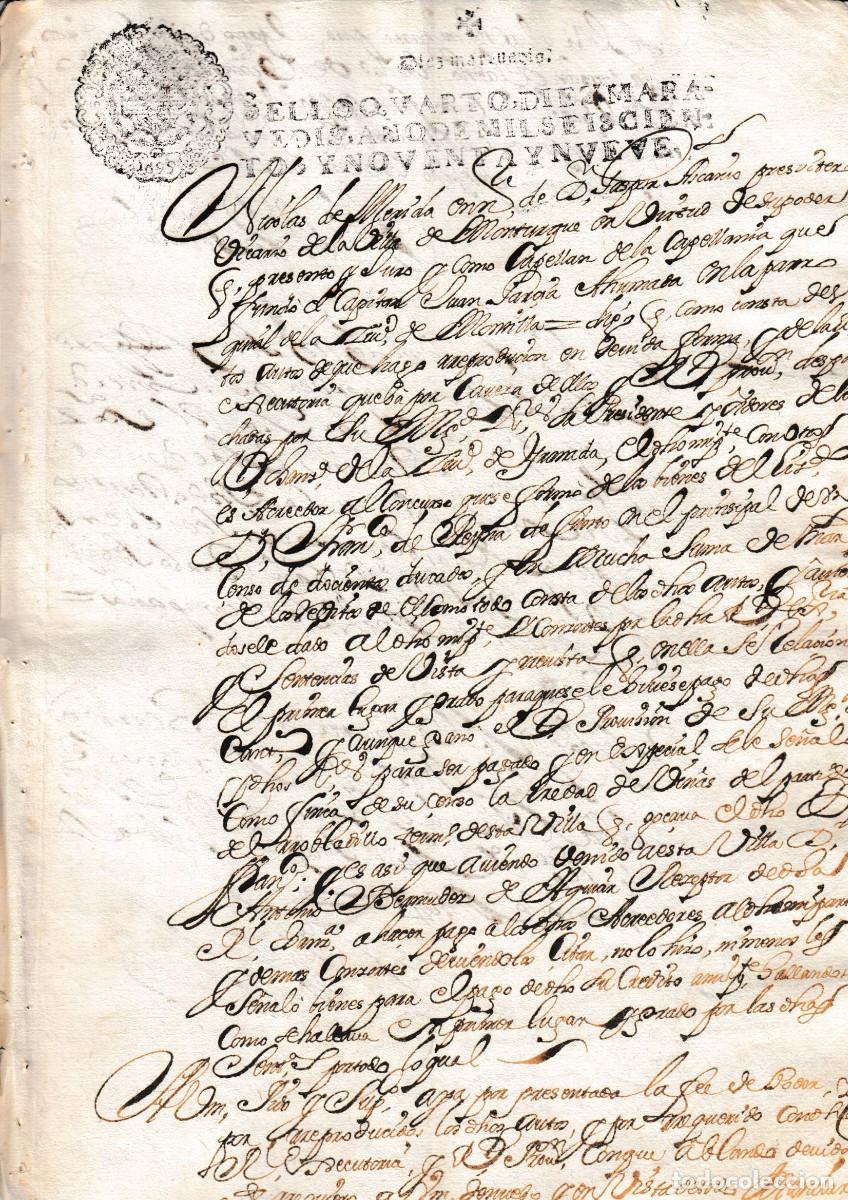 Documentos antiguos: 1669 MONTURQUE MONTILLA (CORDOBA) SELLO FISCAL 4&ordm; CAPELLANIA CAPITAN JUAN GARCIA AHUMADA