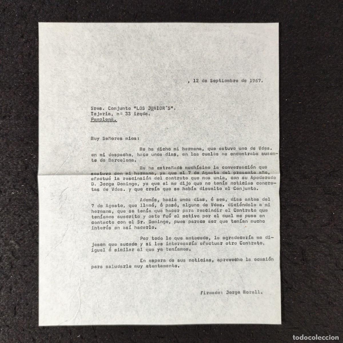 Documentos antiguos: CARTA DE JORGE MORELL AL CONJUNTO LOS JUNIORS - 1967 / 95 - Foto 1
