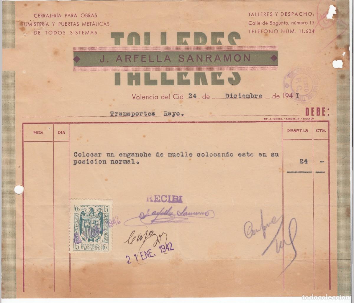 Old Documents: VALENCIA DOCUMENTOS INFRACCION LEY TIMBRE TRANSPORTES EL RAYO FACTURA TALLERES J. ARFELLA SANRAMON