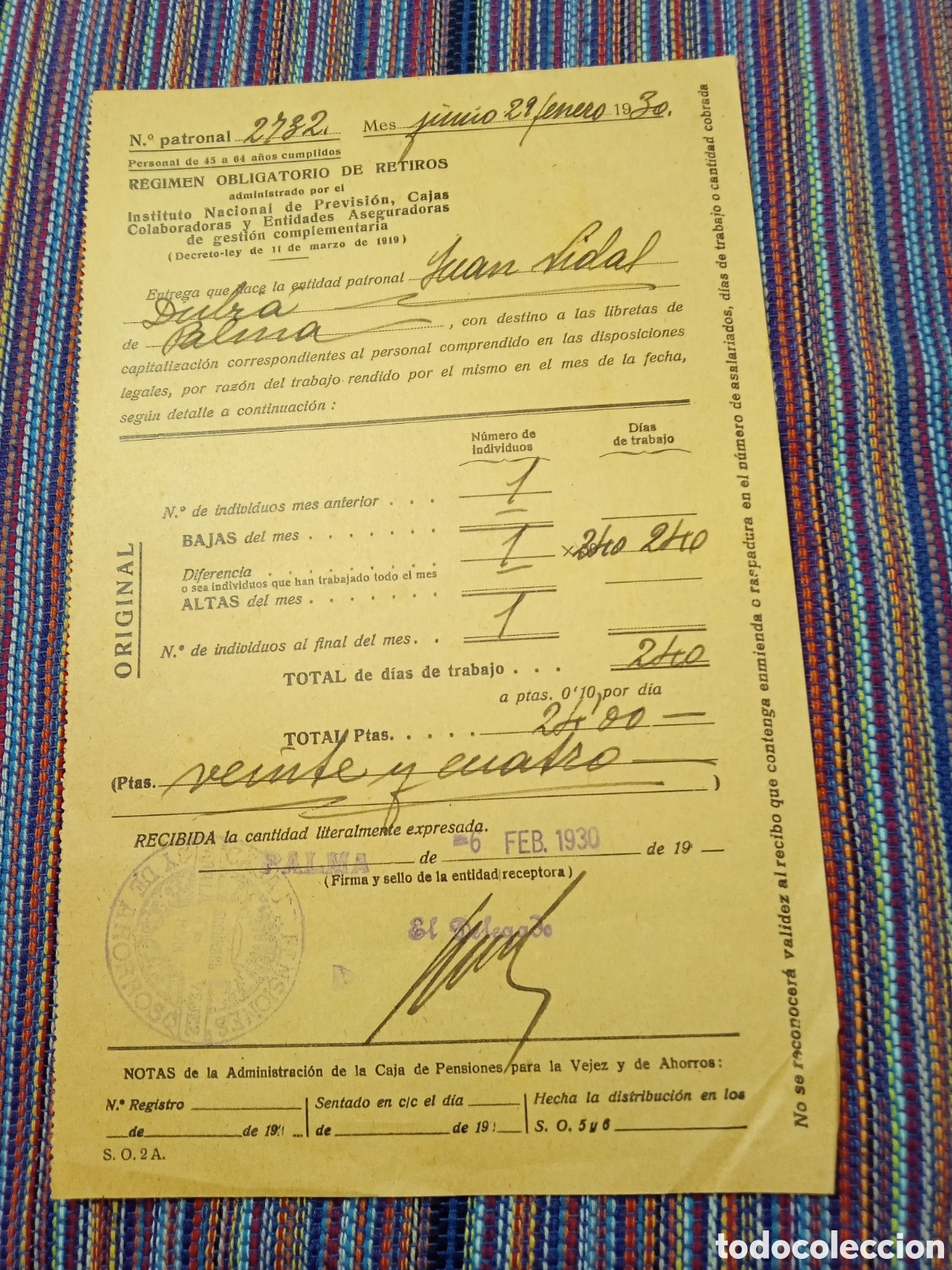Documentos antiguos: R&Eacute;GIMEN OBLIGATORIO RETIROS MALLORCA 1930 PERSONAL DE 45 A 64 CUMPLIDOS