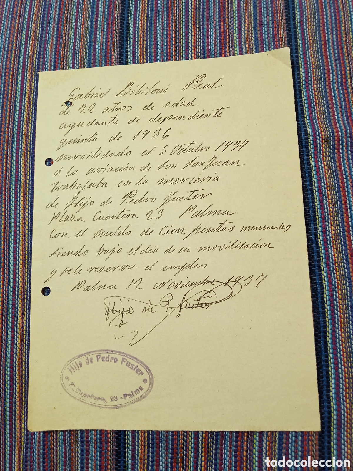 Documentos antiguos: PALMA MALLORCA 1937 JUSTIFICANTE MOVILIZACI&Oacute;N AVIACI&Oacute;N SON SAN JUAN RESERVA EMPLEO GUERRA CIVIL
