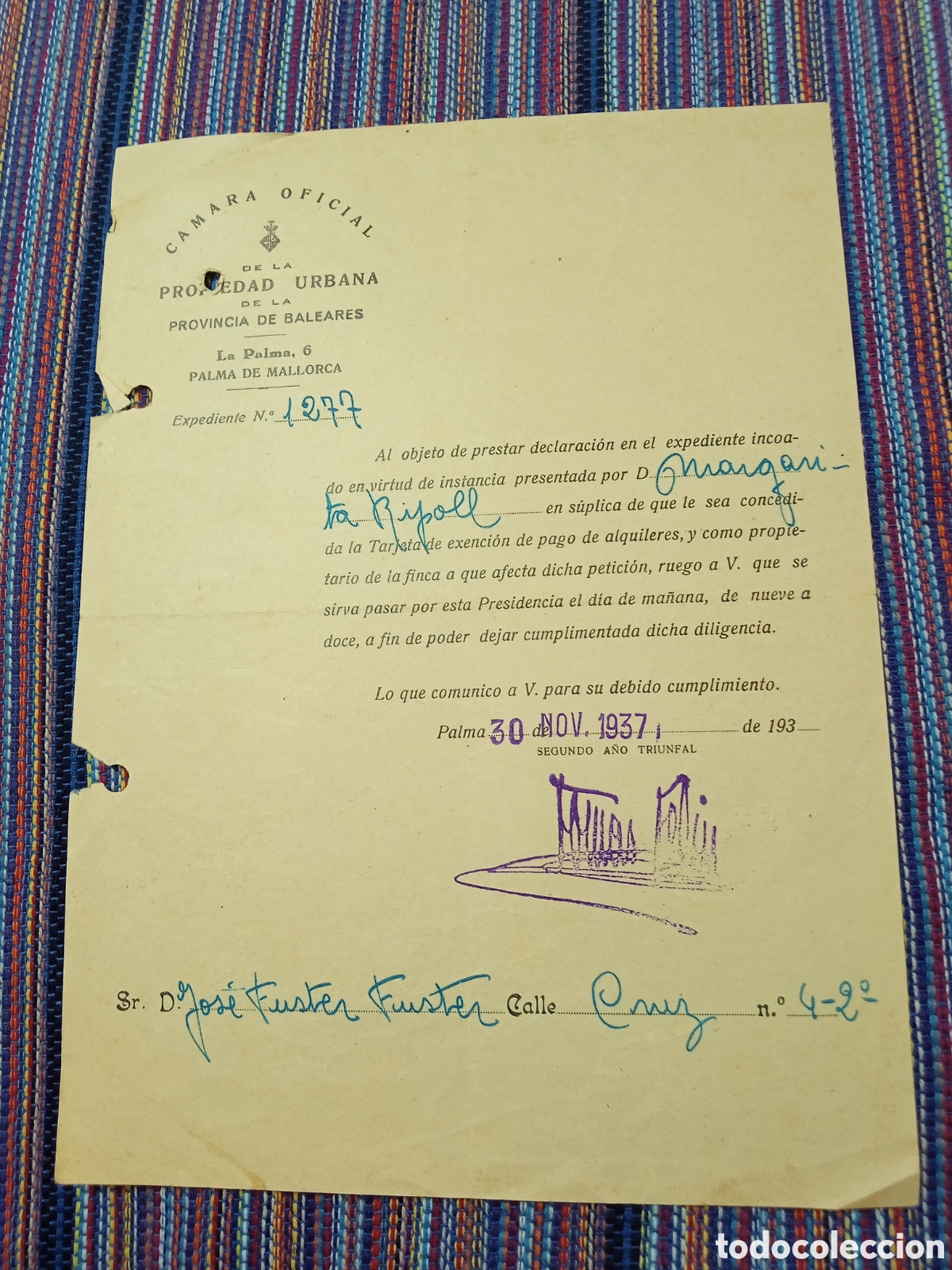 Documentos antiguos: 1937 GUERRA CIVIL PETICI&Oacute;N EXENCI&Oacute;N PAGO ALQUILER C&Aacute;MARA PROPIEDAD URBANA PALMA MALLORCA