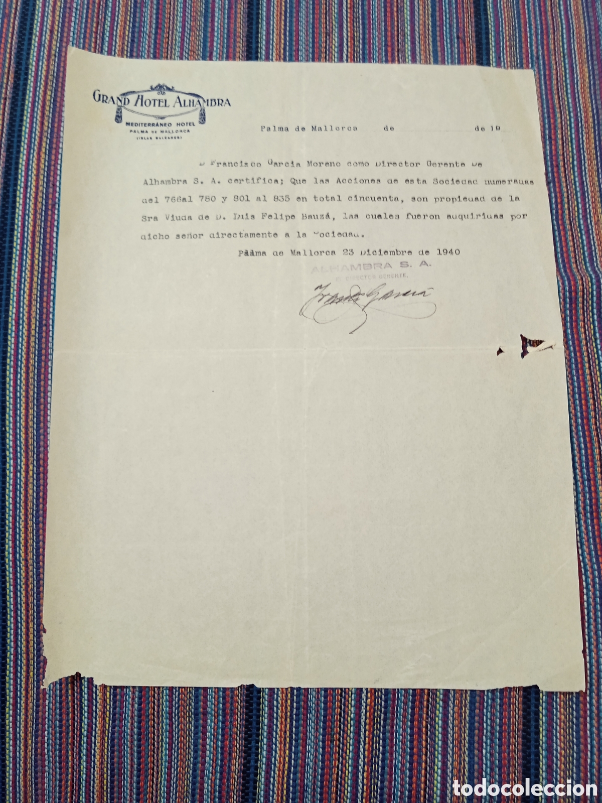 Documentos antiguos: 1940 GRAND HOTEL ALHAMBRA PALMA MALLORCA CERTIFICADO DE ACCIONES DIRECTOR GERENTE