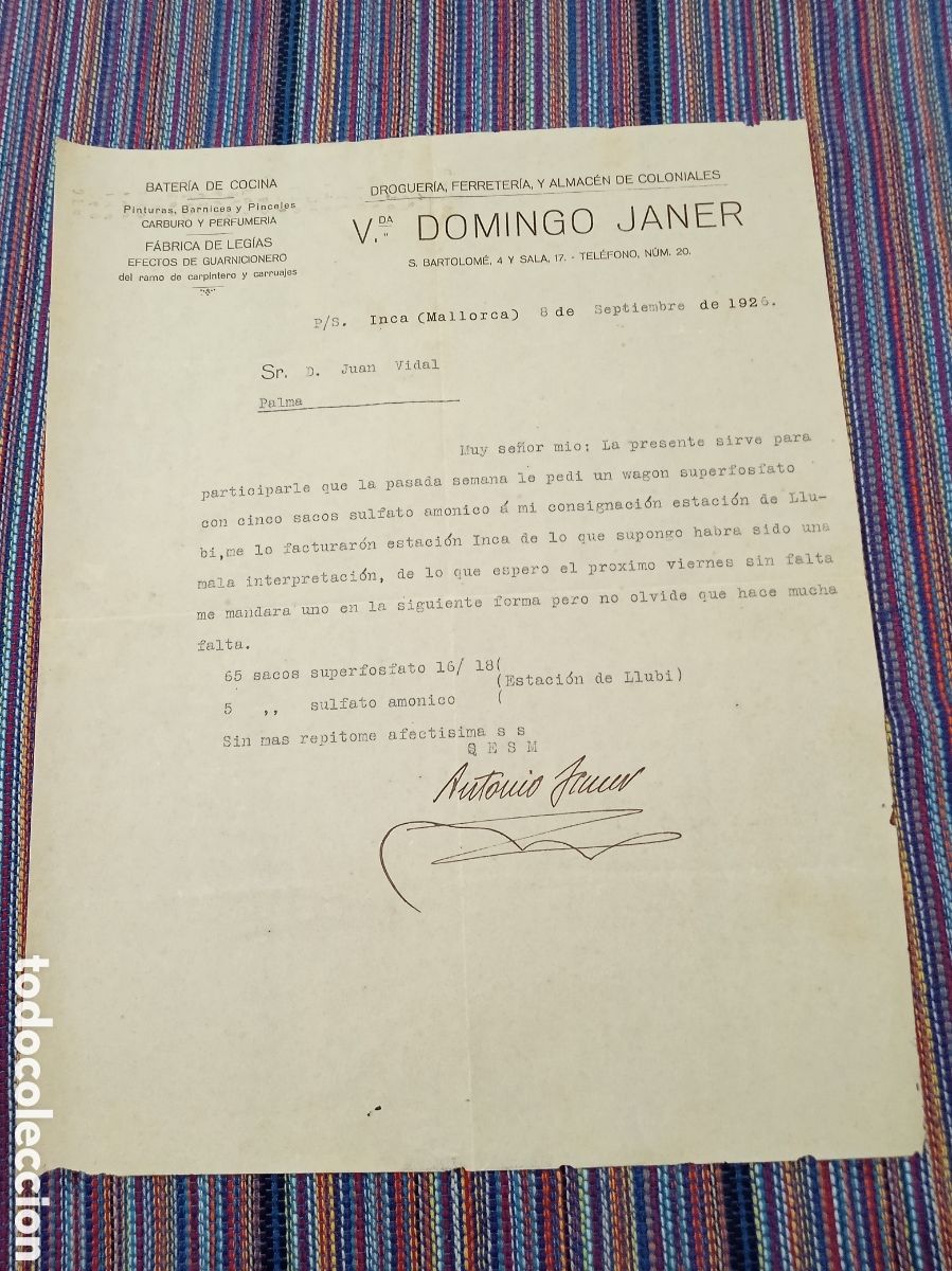 Documentos antiguos: DROGUER&Iacute;A FERRETER&Iacute;A Y ALMACEN COLONIALES VDA. DOMINGO JANER INCA MALLORCA 1926