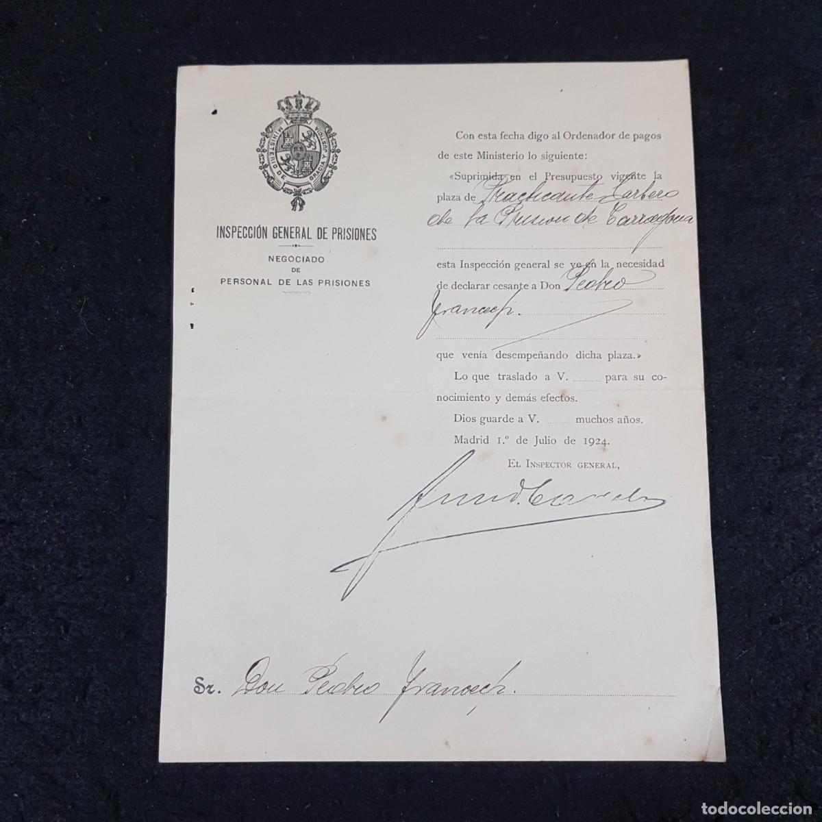 Documentos antiguos: DOCUMENTO DE LA INSPECCI&Oacute;N GENERAL DE PRISIONES - MADRID - 1924 - RARO DOCUMENTO / 90 - Foto 1
