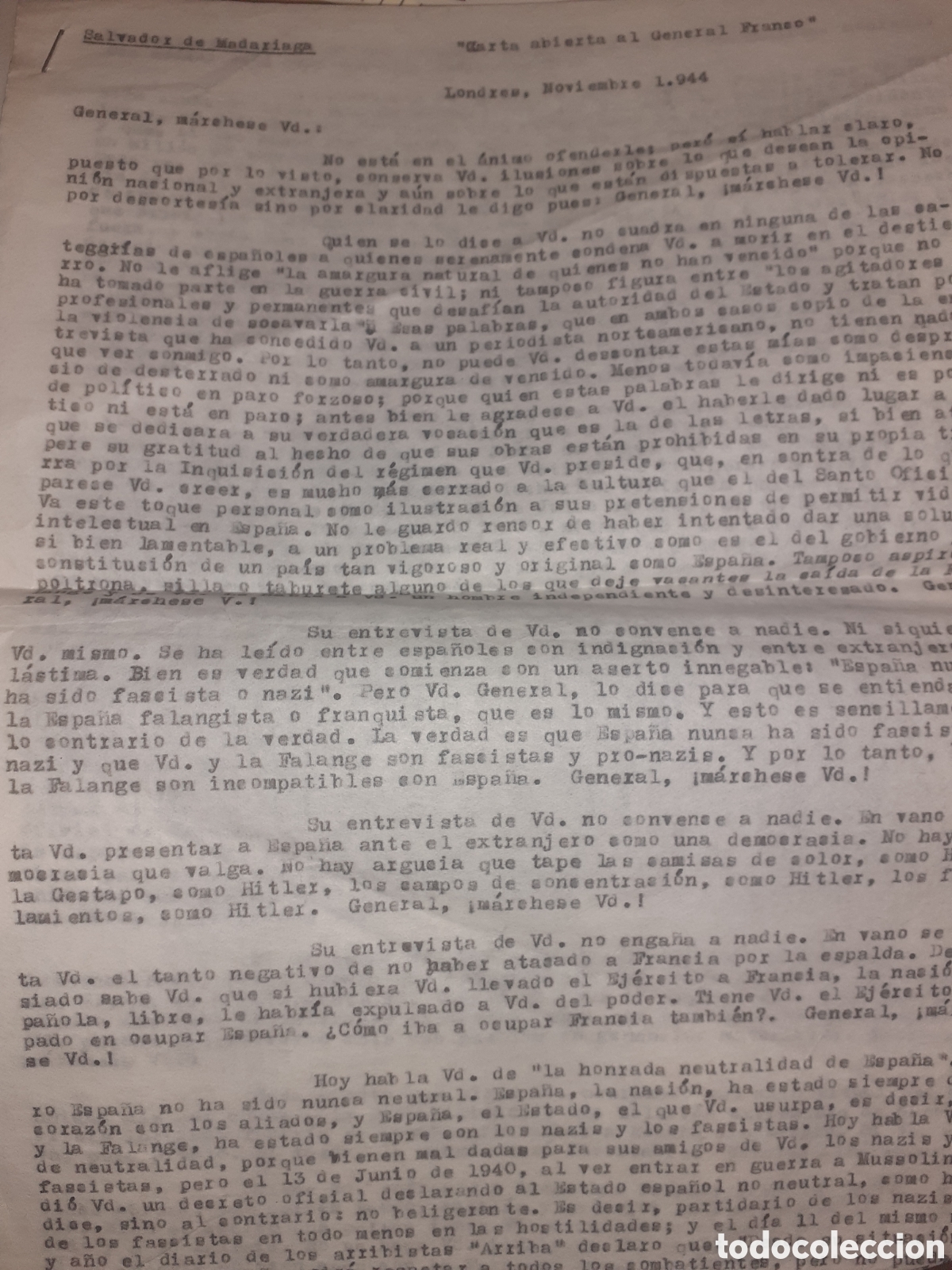 Documentos antiguos: DOCUMENTO MECANOGRAFIADO DE 1944. ESCRITO DE SALVADOR DE MADARIAGA A FRANCO PIDIENDOLE QUE SE MARCHE