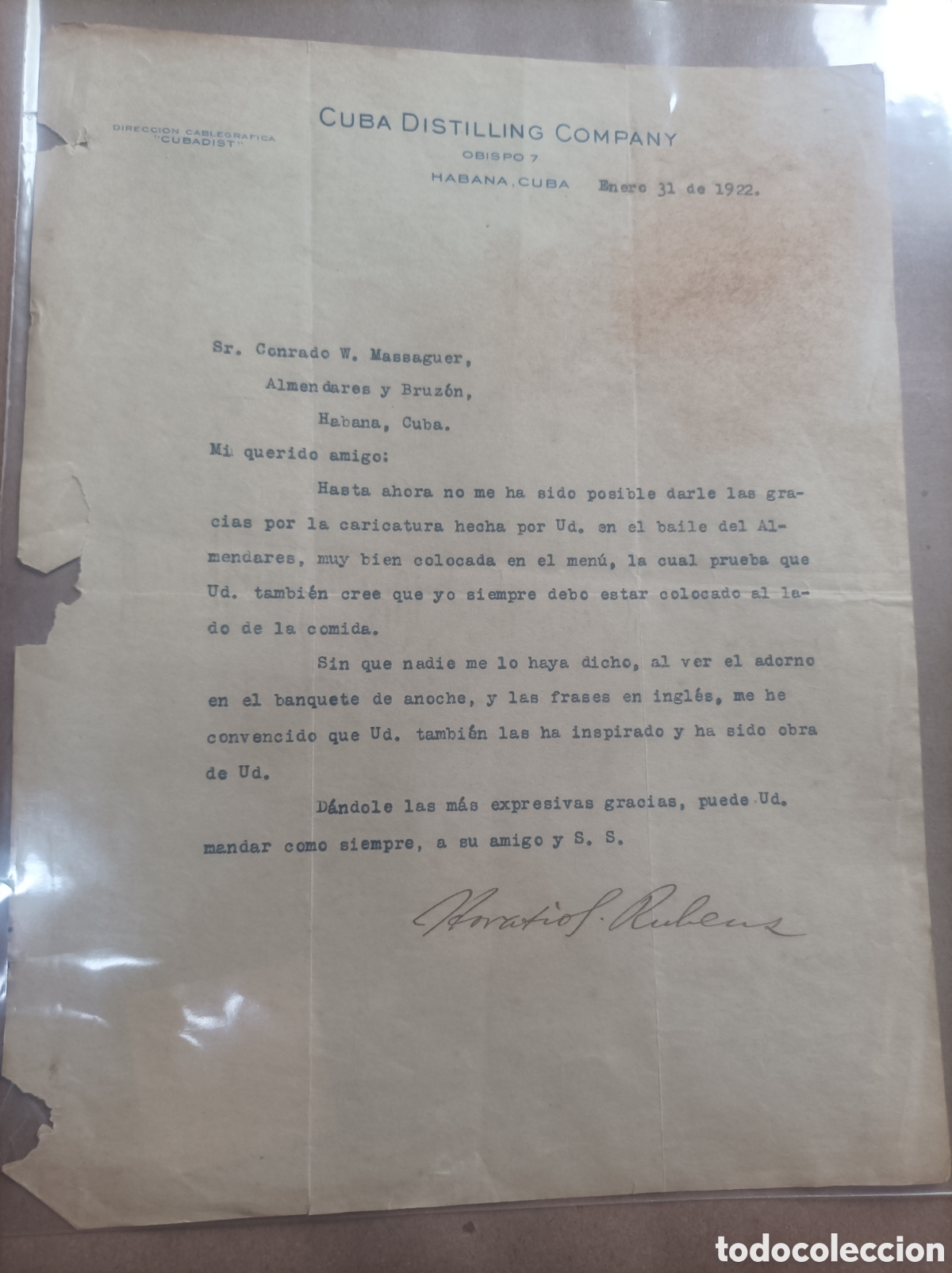 Documentos antiguos: Cuba, documento de la Cuba Destilling company,a&ntilde;o 1922. - Foto 1