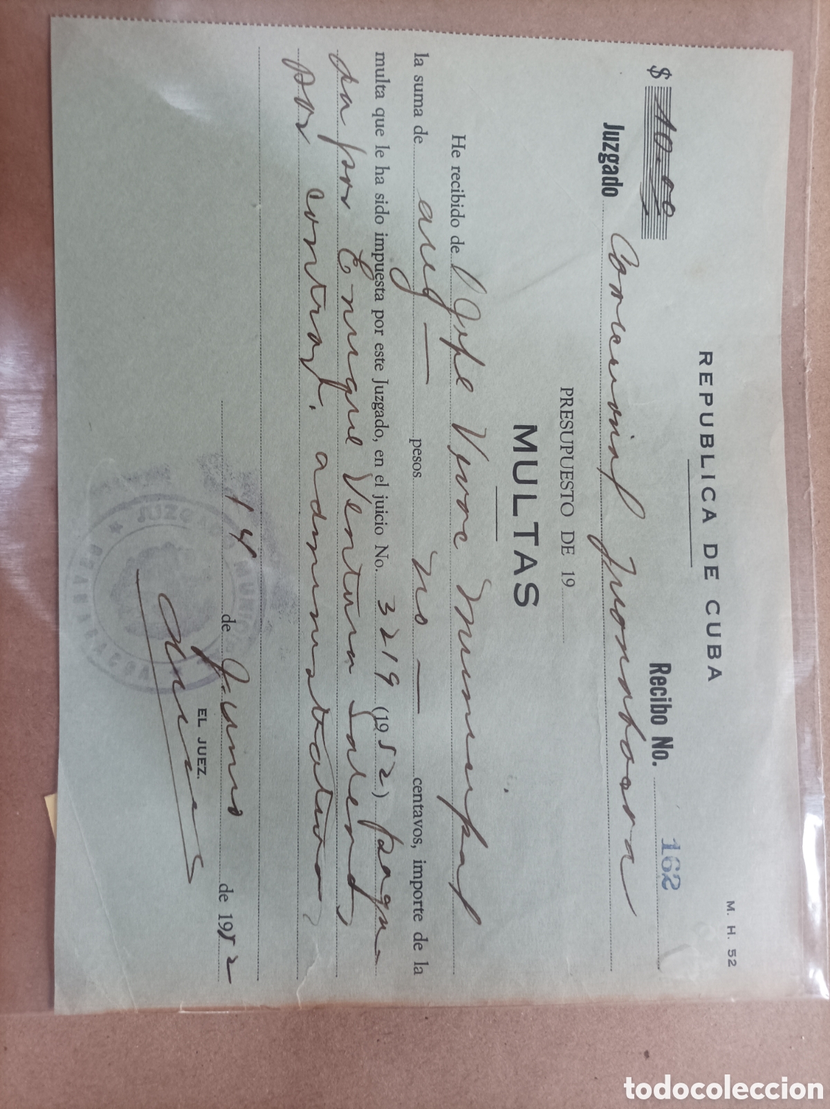 Documentos antiguos: Cuba,multa del juzgado de guanabacoa,a&ntilde;o 1952 - Foto 1