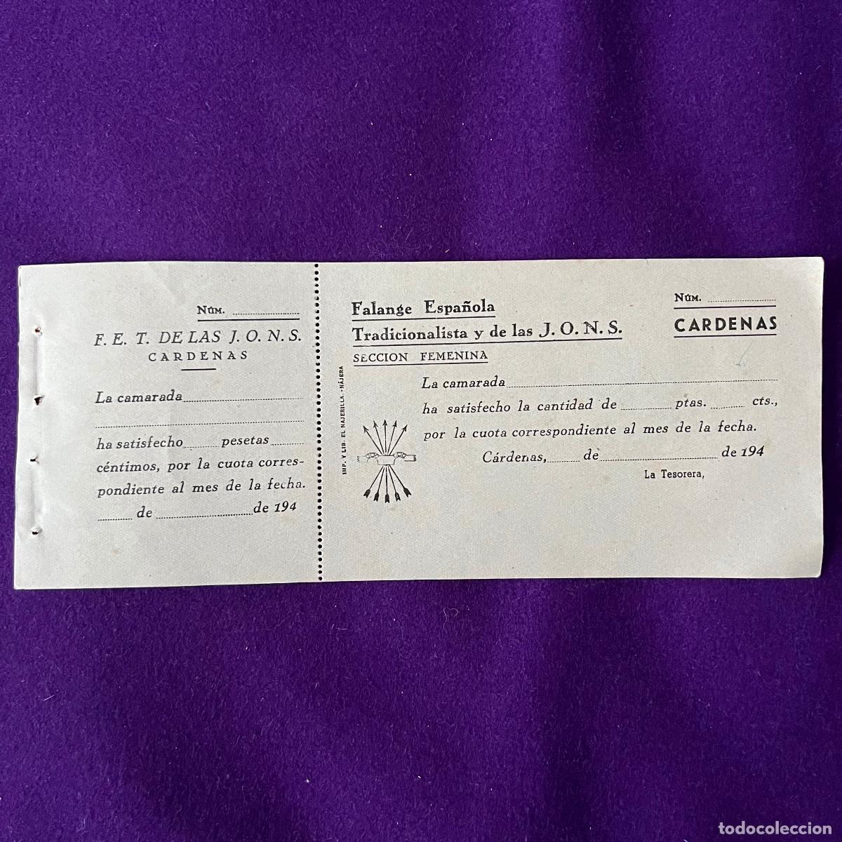 Documentos antiguos: FALANGE ESPA&Ntilde;OLA TRADICIONALISTA Y DE LAS JONS DE CARDENAS (LA RIOJA). JUSTIFICANTE DE CUOTA.
