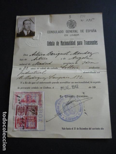 Documentos antiguos: CEDULA NACIONALIDAD PARA TRANSEUNTES CONSULADO GENERAL DE ESPA&Ntilde;A EN LISBOA 1942