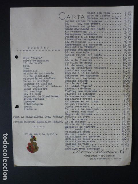 Documentos antiguos: CARTA MENU VI&Ntilde;EDOS Y BODEGAS FEDERICO PATERNINA OLLAURI HARO VINOS RIOJA 1953