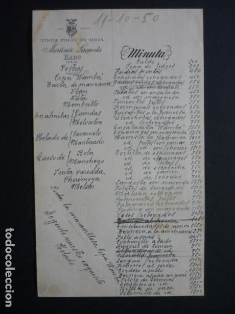 Documentos antiguos: CARTA MENU VINOS MARTINEZ LACUESTA HARIO LA RIOJA VINOS RIOJA 1950