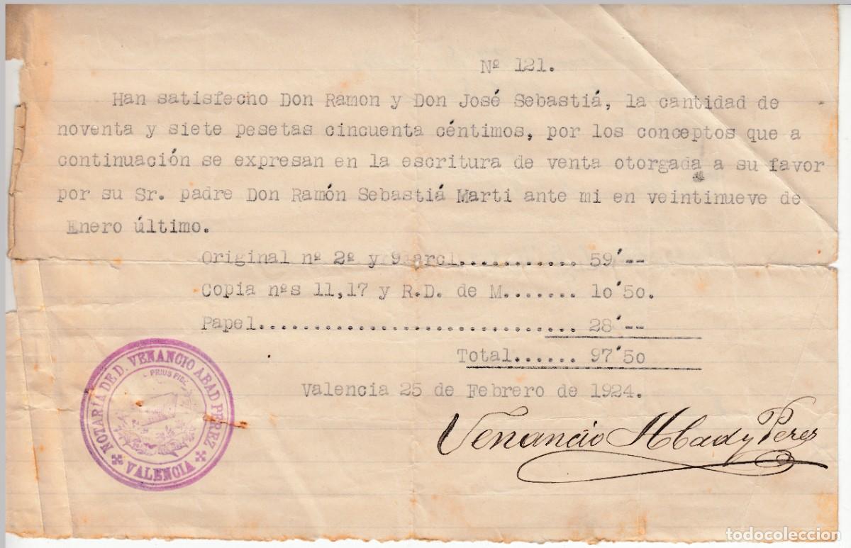 Documents Anciens: 1924 VALENCIA RECIBO NOTARIO VENANCIO ABAD PEREZ