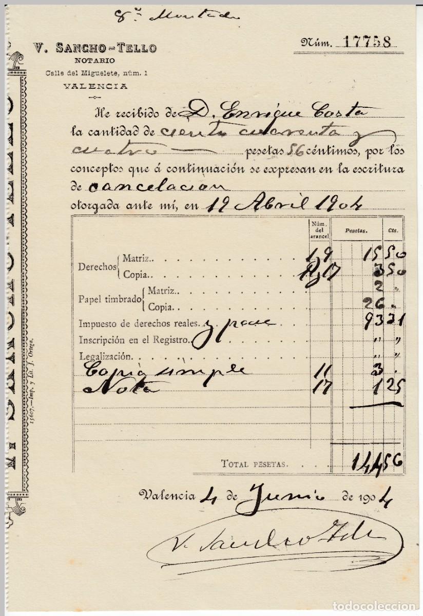 Documents Anciens: 1904 VALENCIA. RECIBO DEL NOTARIO VICENTE SANCHO TELLO