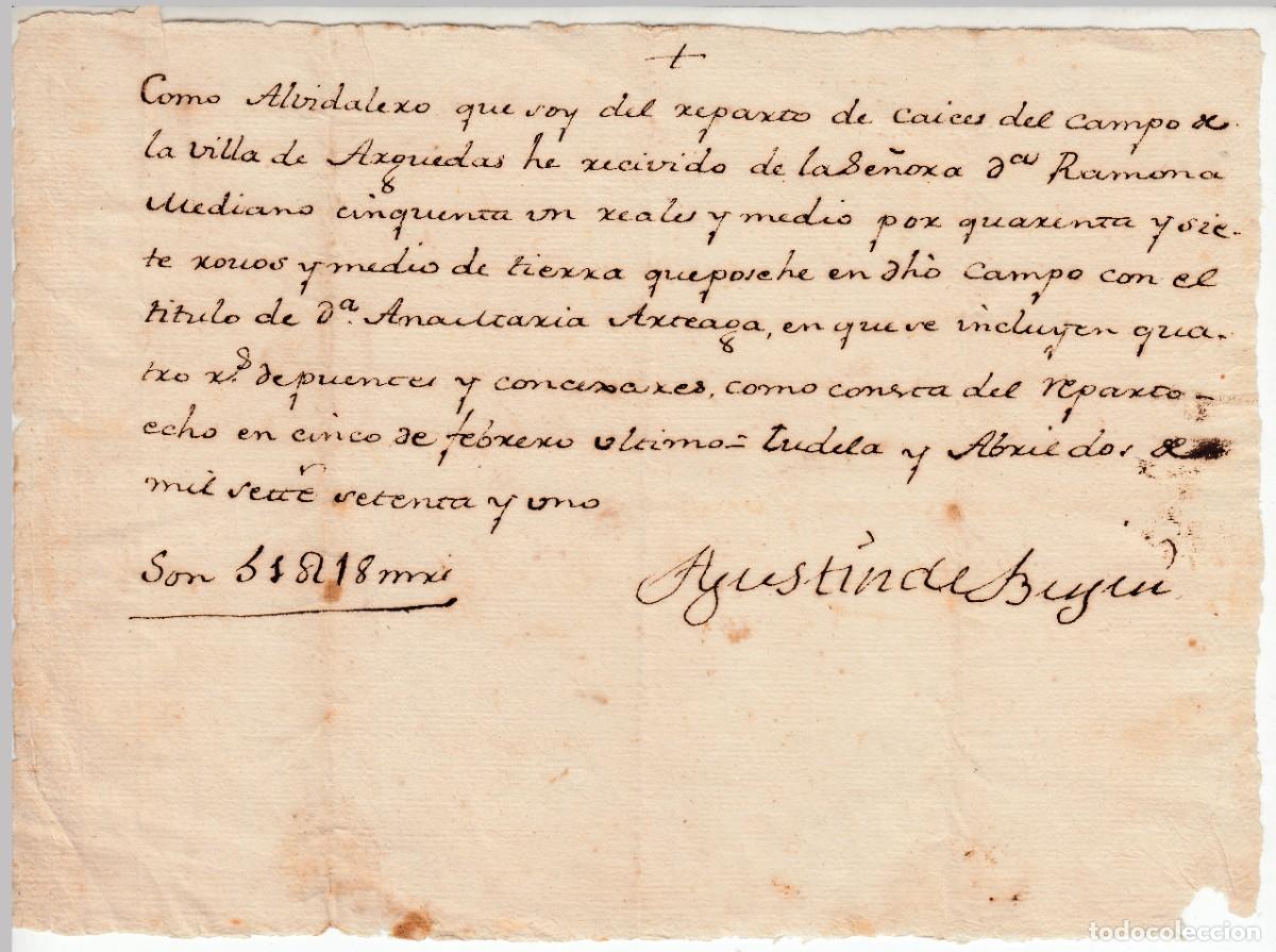 Documents Anciens: 1771 TUDELA, ABRIEDOS, ARGUEDAS. RECIBO DE PAGO POR COMPRA DE TIERRA