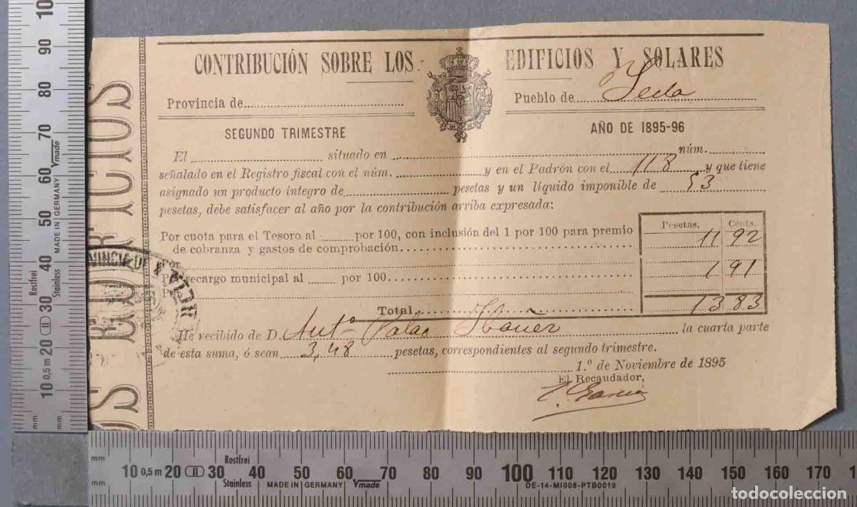 Documentos antiguos: CONTRIBUCION EDIFICIOS Y SOLARES. 1896. YECLA - Foto 1