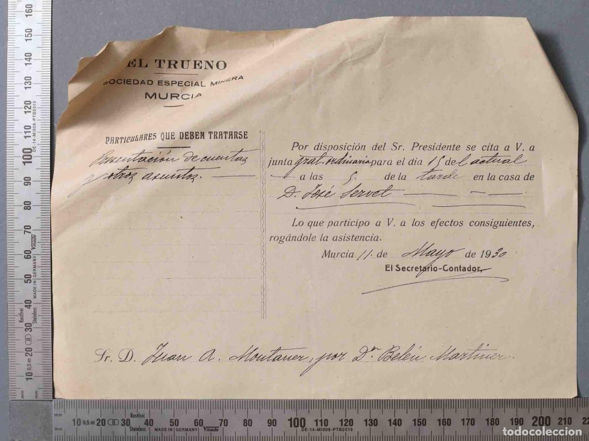 Documentos antigos: DOCUMENTO. EL TRUENO SOCIEDAD ESPECIAL MINERA. MURCIA. 1930