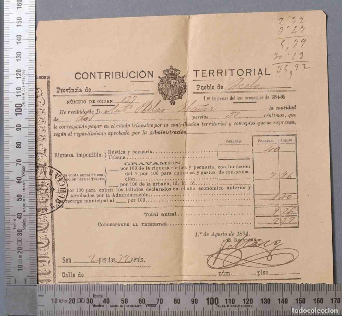 Documentos antiguos: CONTRIBUCION TERRITORIAL. 1894. YECLA