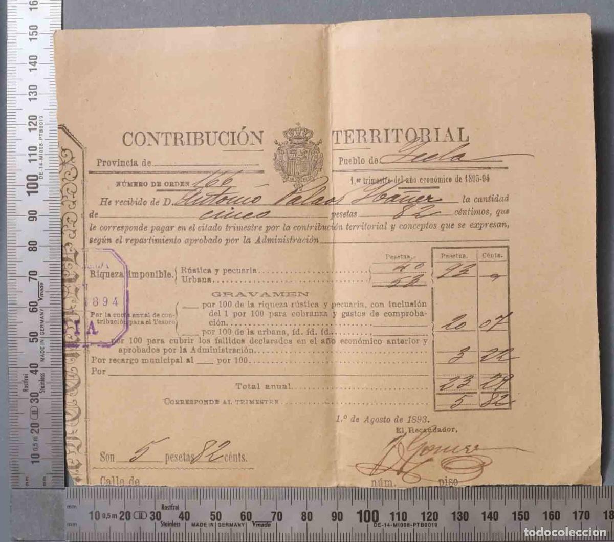 Documentos antigos: CONTRIBUCION TERRITORIAL. 1893. YECLA