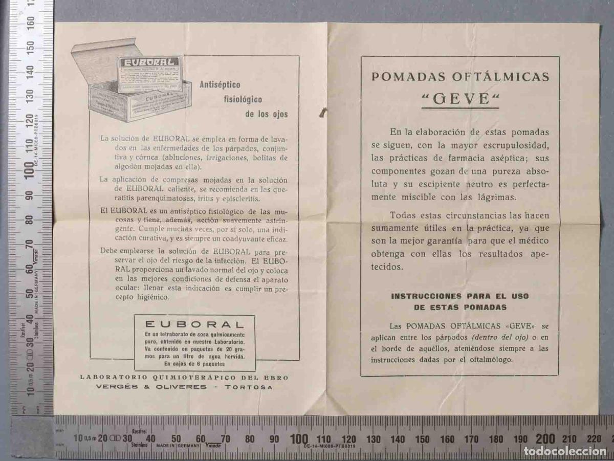 Documentos antiguos: FOLLETO. POMADAS OFTALMOLOGICAS GEVE. IMAGENES INSTRUCCIONES EMPLEO