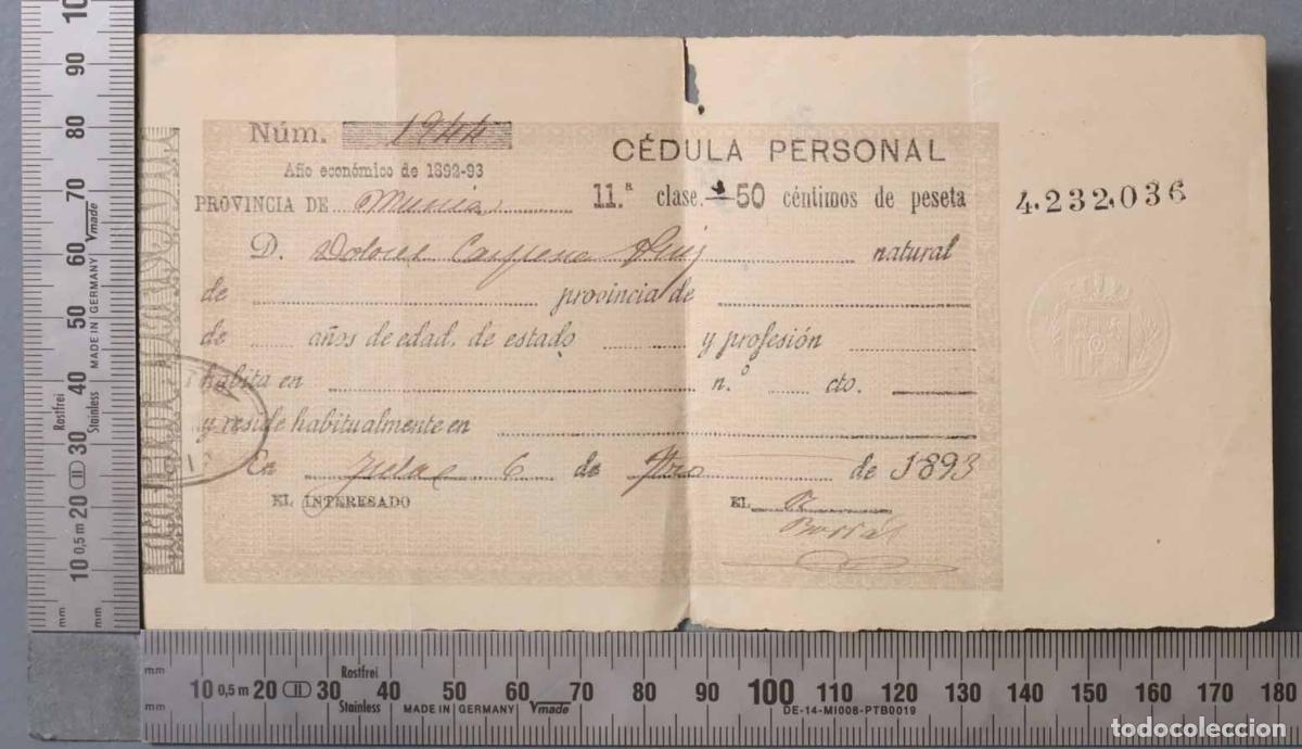 Documentos antiguos: CEDULA PERSONAL. YECLA. 1893 - Foto 1