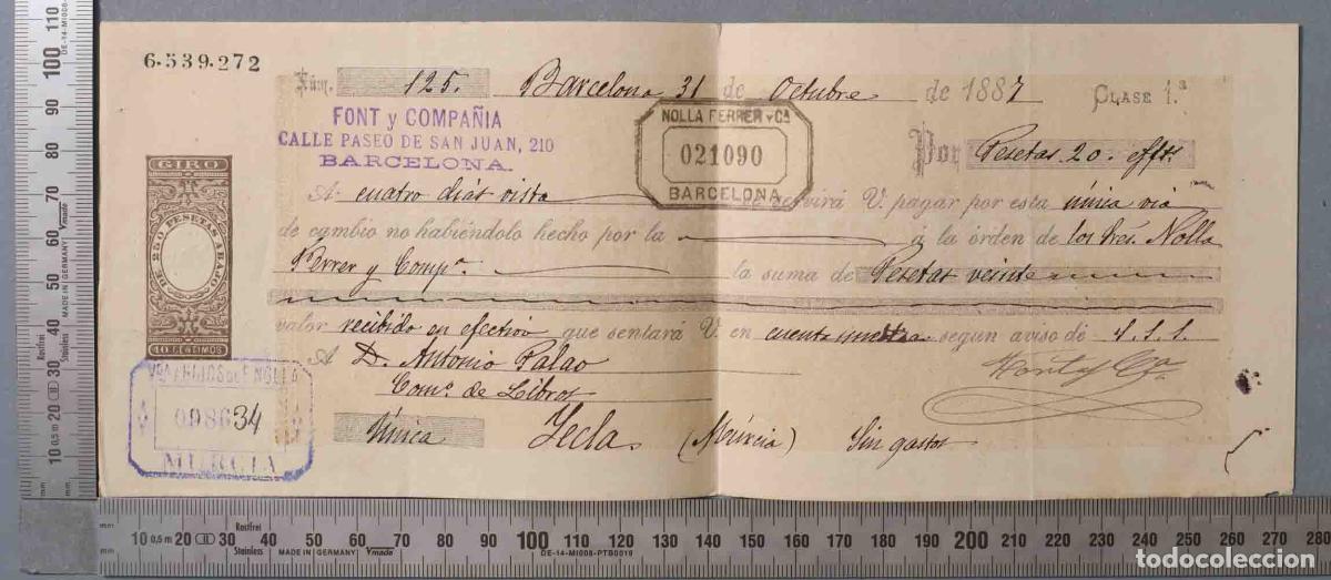 Documentos antigos: LETRA DE CAMBIO. 1A CLASE. YECLA 1887