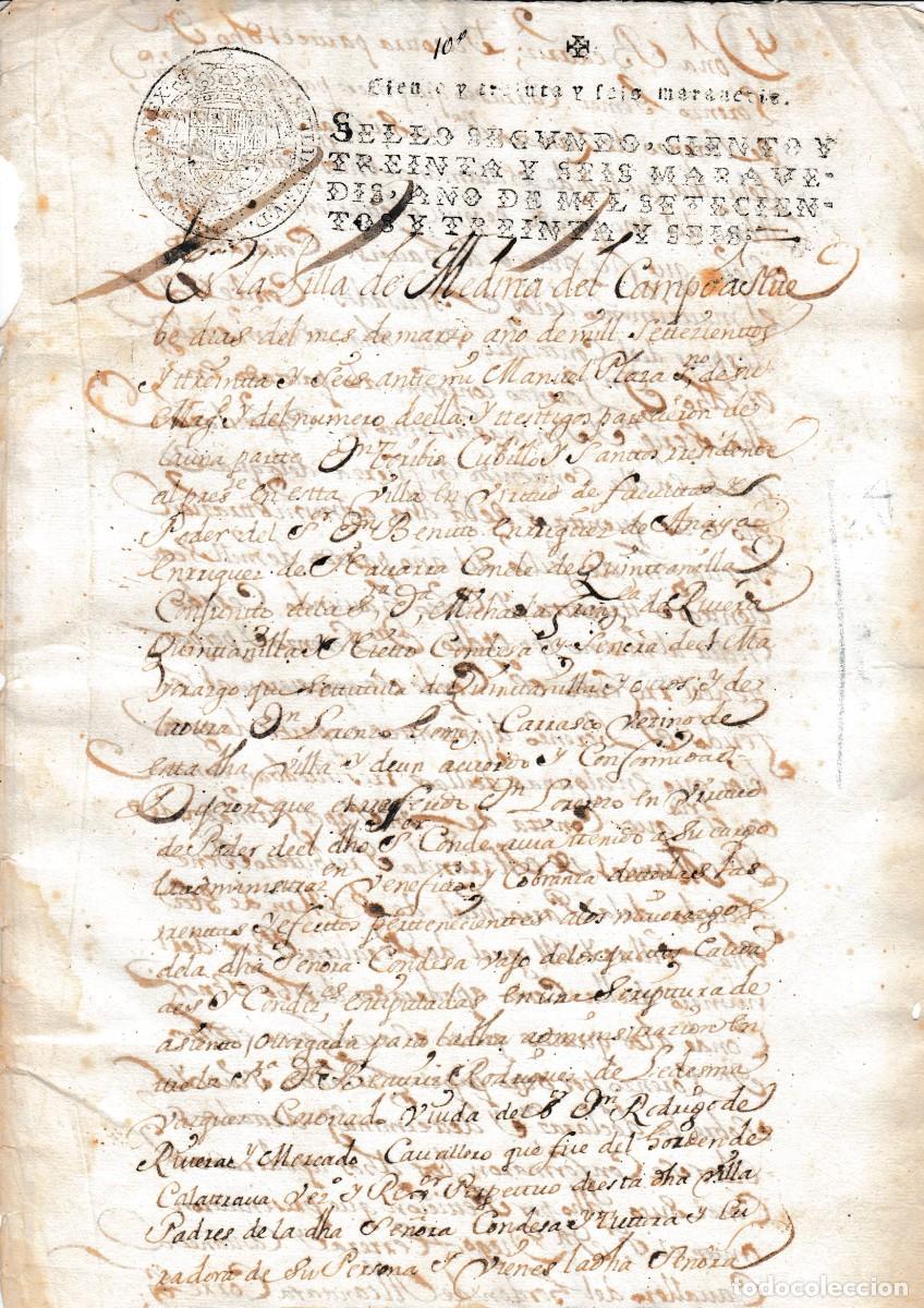 Documents Anciens: 1736 MEDINA DEL CAMPO SELLO FISCAL 2&ordm; 136 MRS CONDE Y CONDESA DE QUINTANILLA. REGIDOR