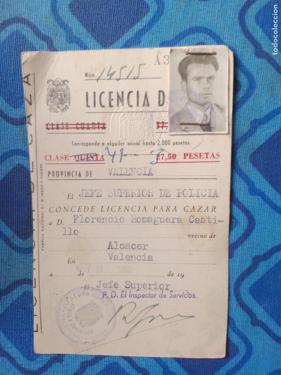 Documentos antiguos: Licencia de caza. Alcacer, Valencia 1960