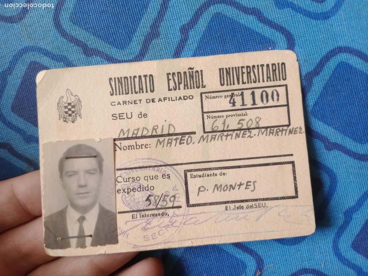 Documentos antiguos: SEU Sindicato Espa&ntilde;ol Universitario. Carnet 1958-59