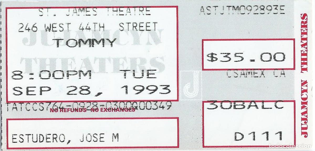 Documentos antiguos: The who Tommy Concert - Ticket -Stub - St. James Theatre - New York (1993)