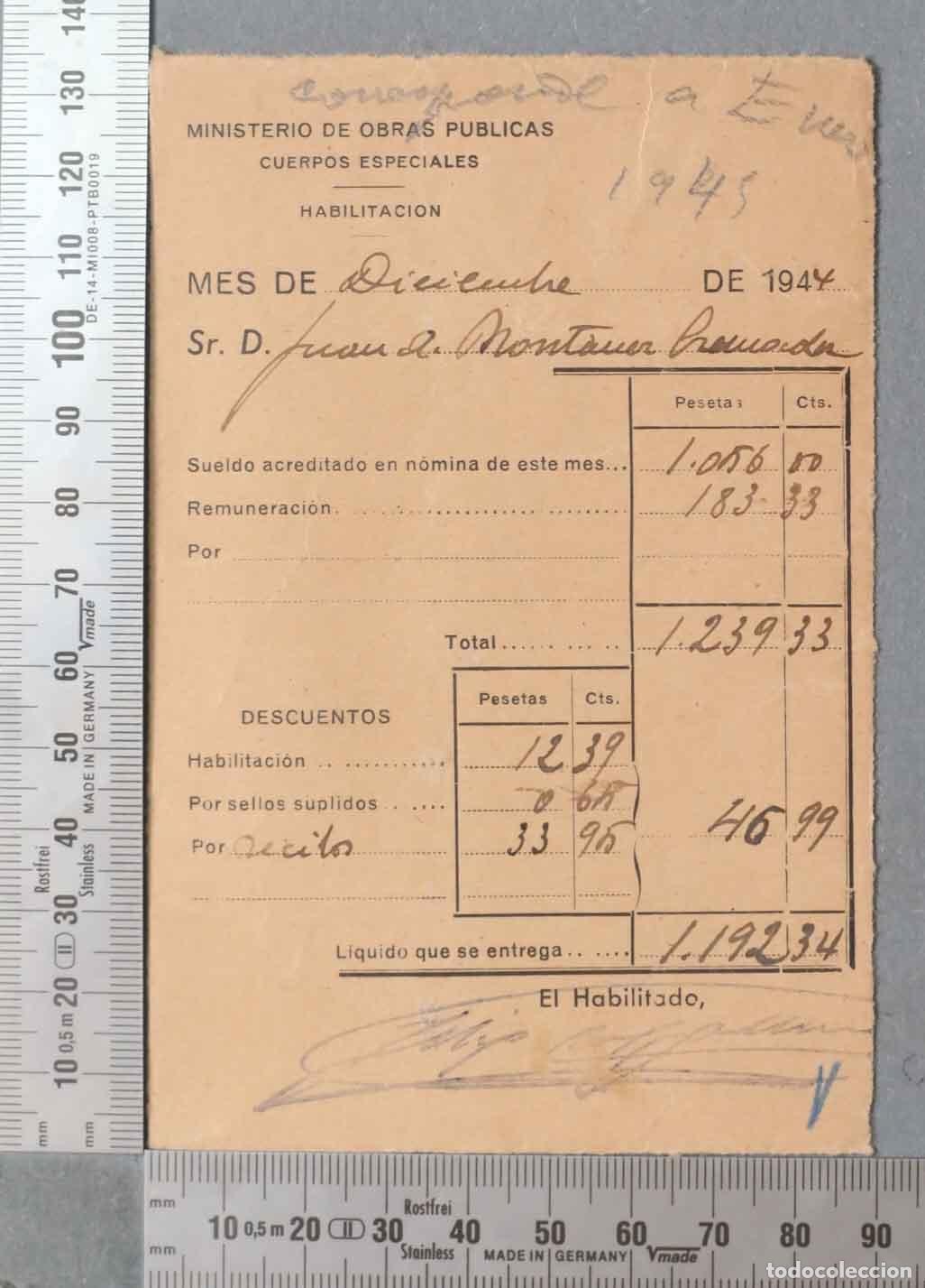 Documentos antigos: SALARIO. MINISTERIO OBRAS PUBLICAS CUERPOS ESPECIALES. 1944