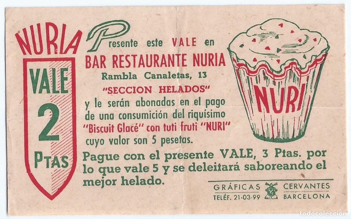 Documentos antiguos: Vale 2 ptas - Bar Restaurante Nuria - Gr&aacute;ficas Cervantes - Barcelona