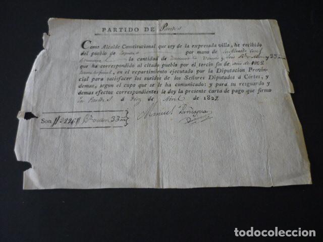 Alte Dokumente: PAREDES DE NAVA PALENCIA 1822 RECIBO DEL ALCALDE PARA EL PUEBLO DE CAPILLAS SUELDO DIPUTADOS CORTES