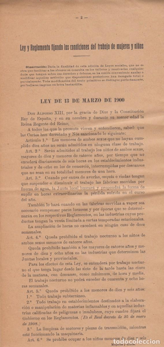 Documentos antiguos: A&Ntilde;OS 40 -REPRODUCCI&Oacute;N DE LA LEY DE 1900 SOBRE EL TRABAJO DE NI&Ntilde;OS Y MUJERES-EXPUESTO EN LAS F&Aacute;BRICAS