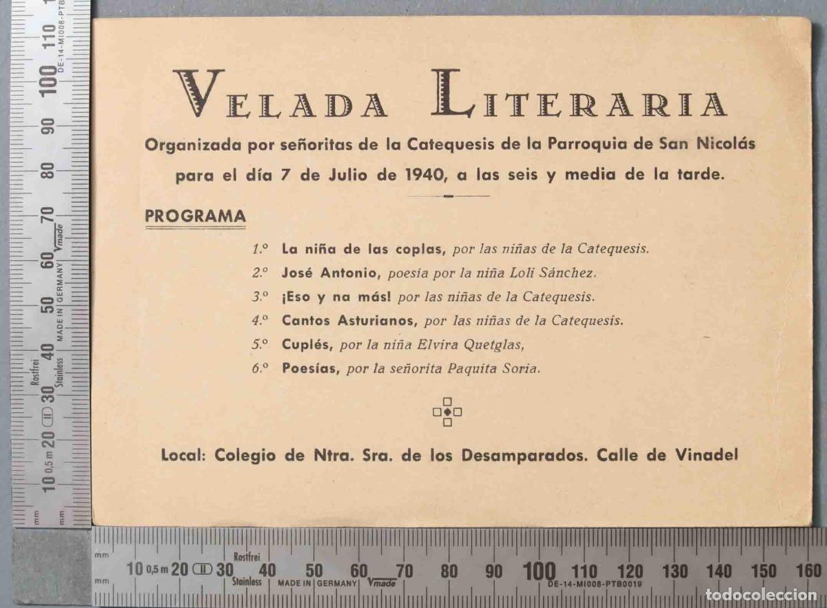 Documentos antigos: VELADA LITERARIA. 1940. COLEGIO DESAMPARADOS CALLE DE VINADEL