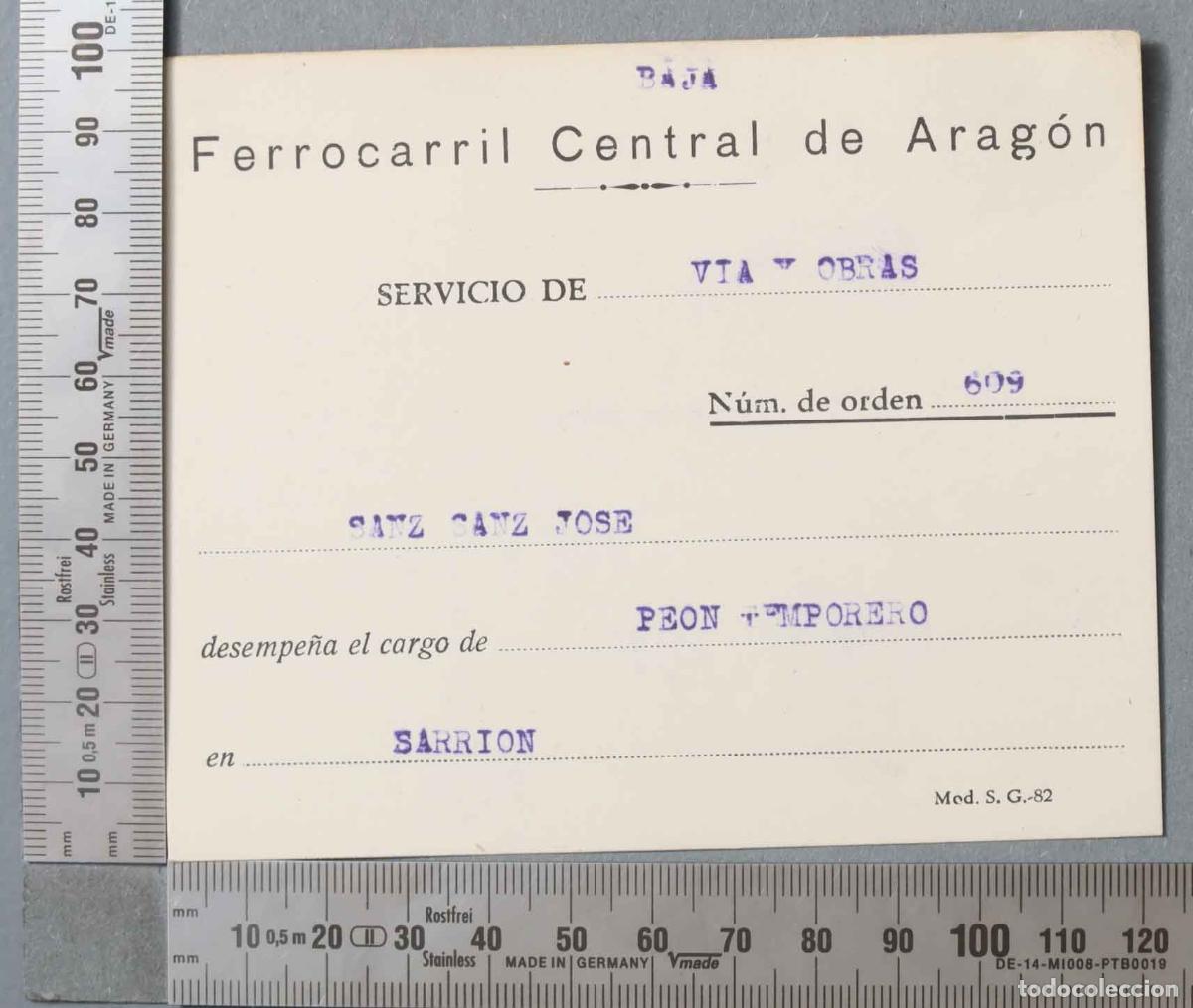 Documentos antigos: TARJETA. Ferrocarril Central de Arag&oacute;n. PEON TEMPORERO. SARRION
