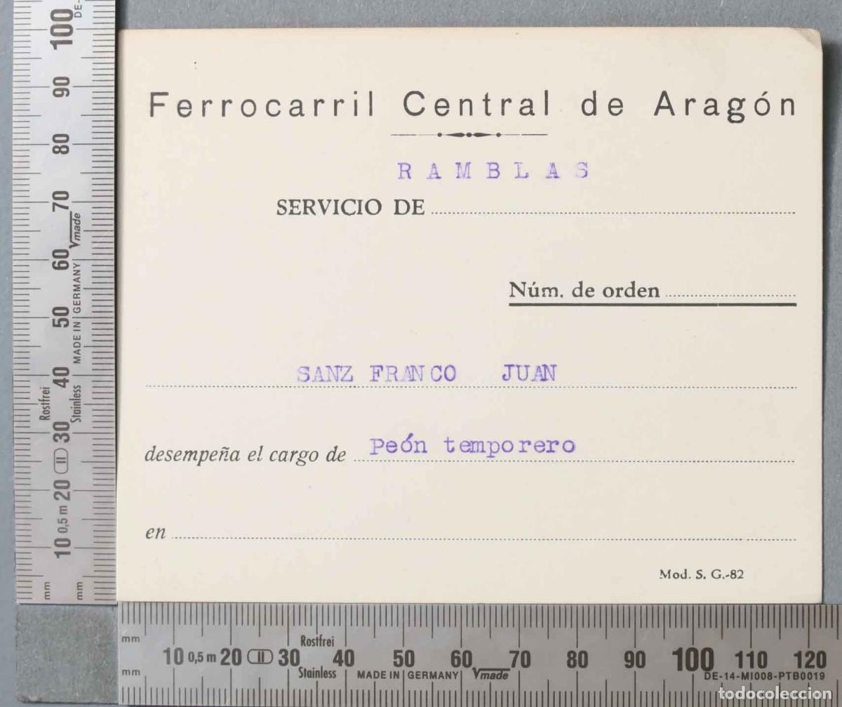 Documentos antiguos: TARJETA. Ferrocarril Central de Arag&oacute;n. PEON TEMPORERO. RABMLAS - Foto 1