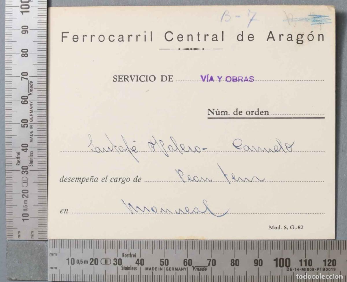 Documentos antiguos: TARJETA. Ferrocarril Central de Arag&oacute;n. PEON MONREAL - Foto 1